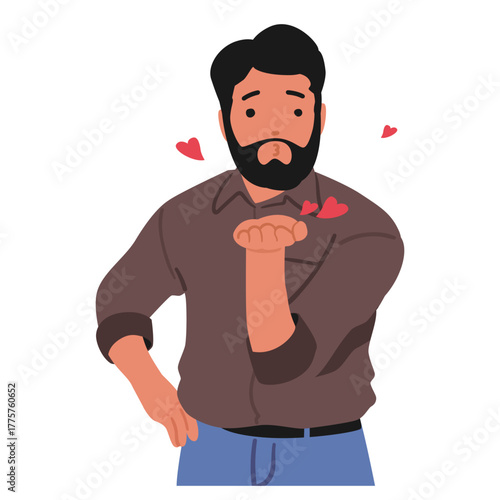 Young handsome bearded man cartoon character sending kisses portrait isolated on white background