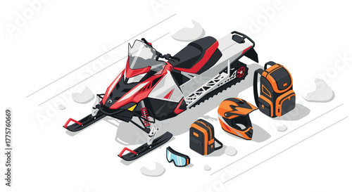 Winter adventure setup with modern snowmobile and gear in isometric view