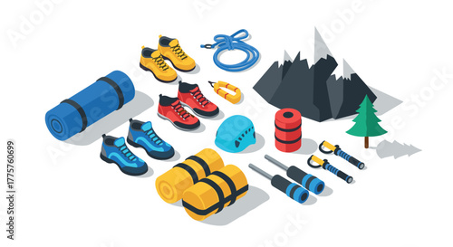 Isometric camping gear illustration featuring hiking equipment and outdoor essentials