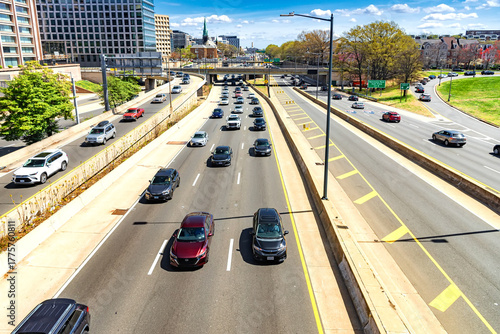 road and lots of cars on a highway in downtown Washington, D.C.