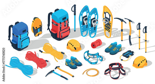 Isometric winter hiking gear collection backpacks, snowshoes, trekking poles, footwear