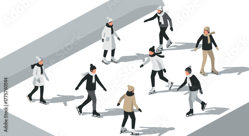 Isometric ice skaters enjoying winter activity on outdoor rink