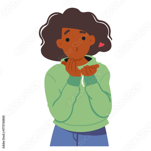 Charming preteen girl cartoon character sending air kiss isolated portrait on white background