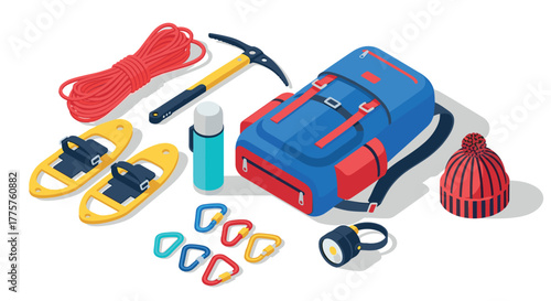 Isometric winter hiking gear with backpack, climbing equipment, and headlamp