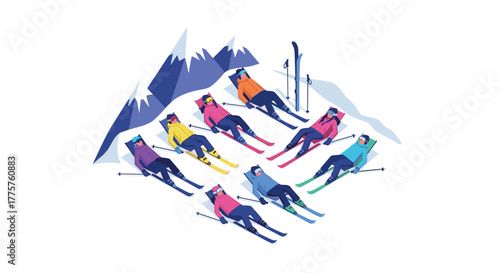 Colorful ski enthusiasts relaxing on snow with mountain backdrop