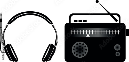vector illustration of headphone and old version of radio isolated in white background
