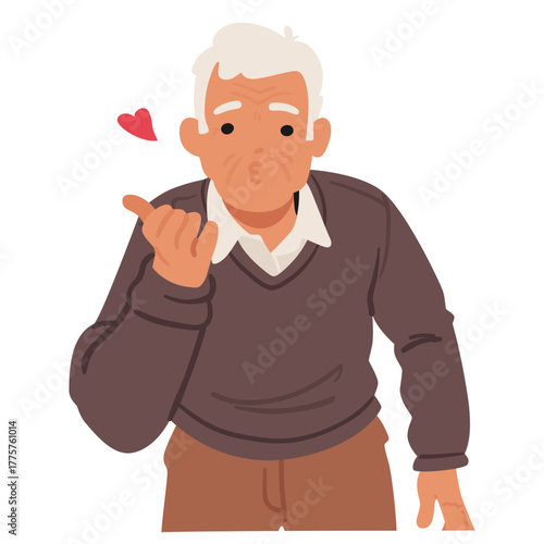 Grey-haired senior man cartoon character sending air kiss experiencing romantic gesture portrait