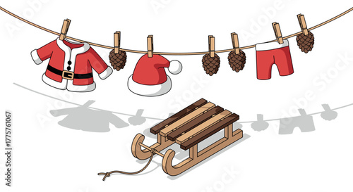 Festive holiday clothing and wooden sled on clothesline with pine cones