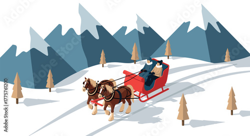 Winter sleigh ride with horses in snowy mountain landscape