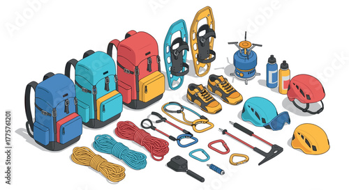Outdoor adventure equipment in modern isometric design backpacks, snowshoes, helmets, climbing gear
