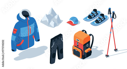 Winter outdoor gear set with isometric blue jacket, backpack, and snow accessories