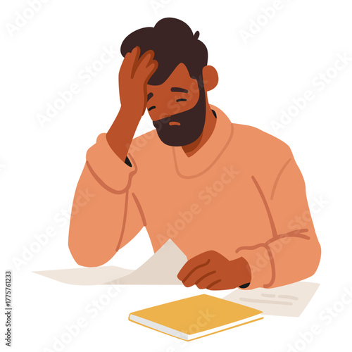 Overwhelmed man cartoon character holding head reading letter with bad news isolated portrait