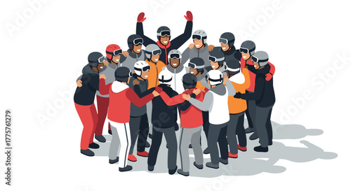 Group of snowboarders in circle celebrating teamwork