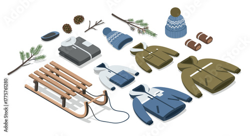 Winter clothing and accessories in isometric style with sled and pine elements