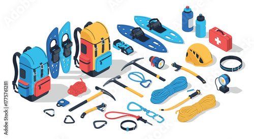 Outdoor adventure equipment set with backpacks, climbing gear, snowshoes, and safety accessories in isometric design