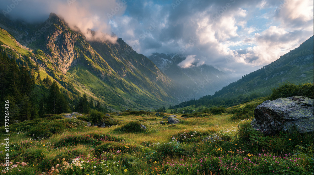 Fototapeta premium Majestic Snow-Capped Mountain Peaks Under Dramatic Sky