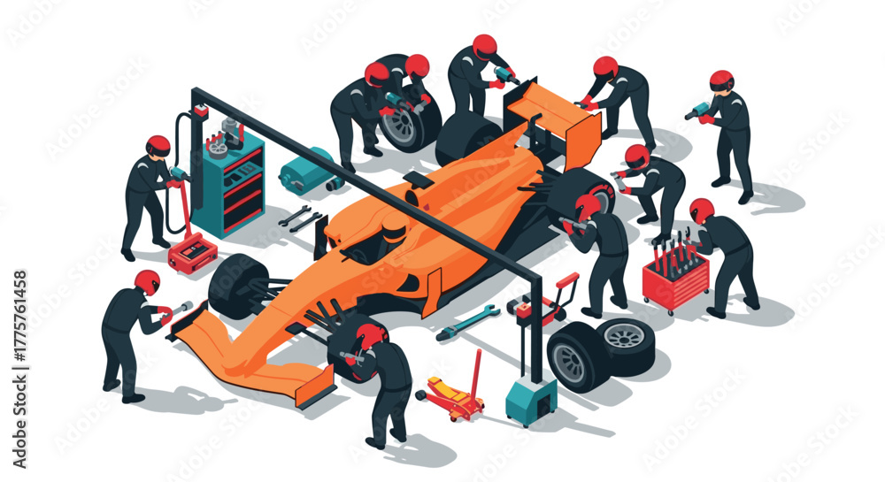 Fototapeta premium Efficient pit stop scene with crew working on race car in isometric style