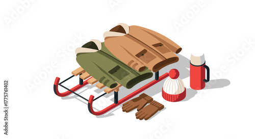 Isometric winter clothing set with jackets, gloves, and thermos on sled