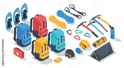 Isometric camping equipment backpacks, gear, and essentials for outdoor adventures