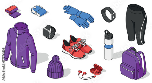Isometric sportswear and accessories collection modern fitness essentials in vibrant colors