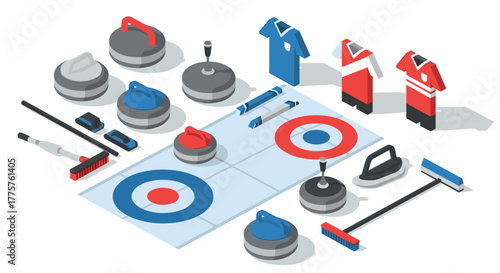 Curling equipment and gear in modern isometric style for sports enthusiasts