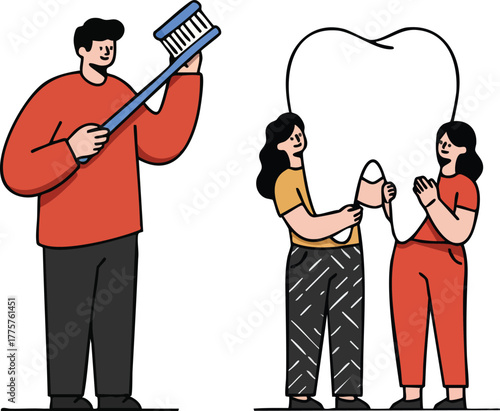 People holding giant toothbrush and dental floss for oral hygiene care and healthy teeth illustration vector 