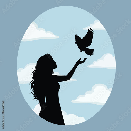 Silhouette of woman releasing bird with clouds in sky peaceful natural scene vector illustration 