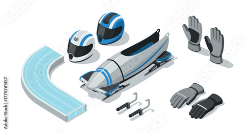 Winter sports equipment set in isometric style featuring bobsled with helmets, track, and gloves