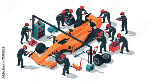 Efficient pit stop scene with crew working on race car in isometric style