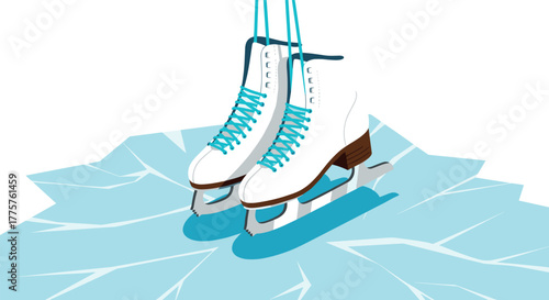 Stylish ice skates on cracked ice background with blue laces