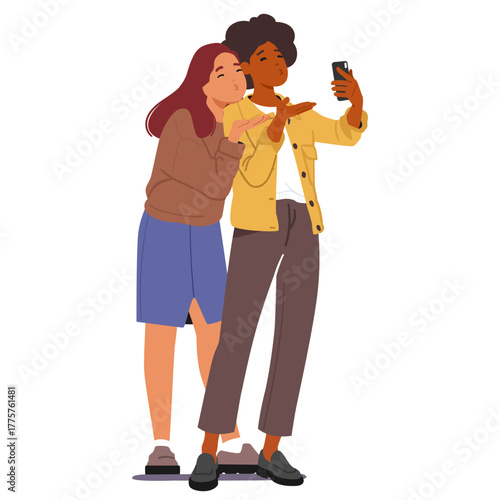 Two pretty girl friends cartoon characters sending air kiss romantic gesture communicating via phone