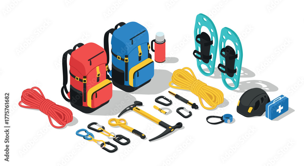 Fototapeta premium Isometric camping equipment backpacks, climbing gear, snowshoes and more adventure essentials