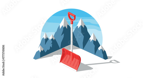 Winter mountain landscape with red snow shovel in minimalist style
