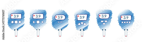 Set of Diabetes Glucometer Icons Blue Scribble Sketch Texture Medical Devices