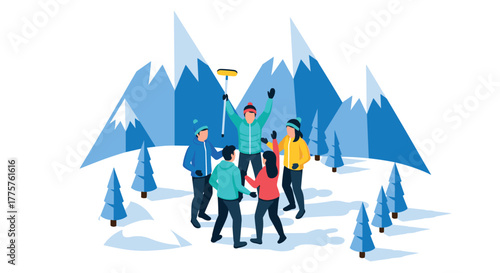 Group celebrating in winter mountains with snowy landscape in modern flat design