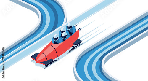 Isometric bobsled team racing on ice track in winter sports competition