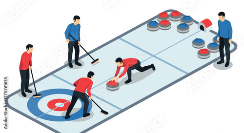 Curling game in action with players on ice rink in isometric design