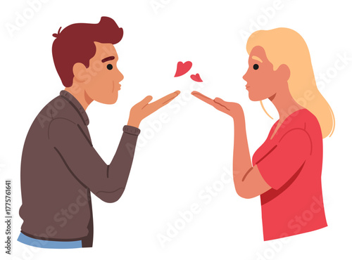 Man and woman couple lovers sending air kiss to each other showing romantic gesture with love