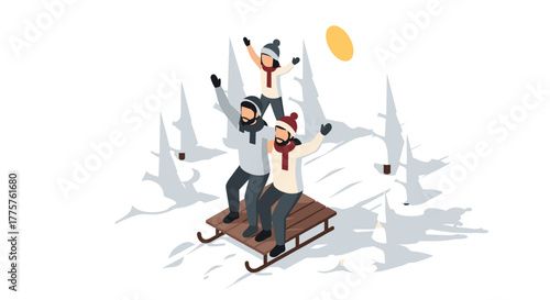 Isometric winter fun three friends sledding in snowy forest
