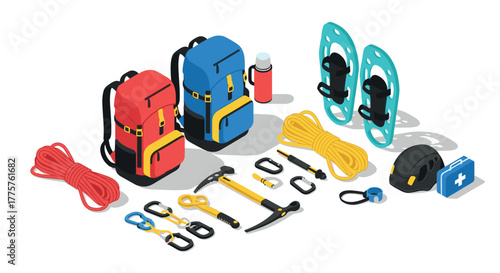 Isometric camping equipment backpacks, climbing gear, snowshoes and more adventure essentials