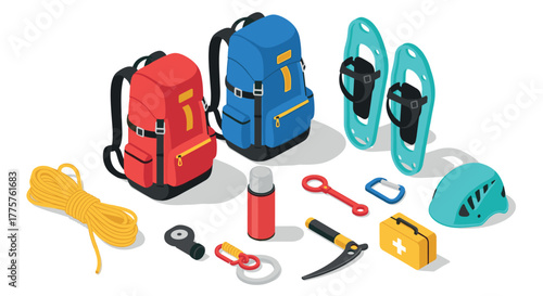 Isometric hiking and climbing gear set with backpacks and safety equipment