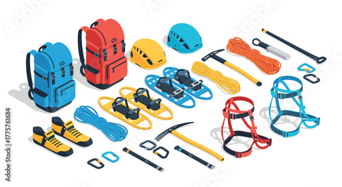 Isometric mountaineering equipment collection for outdoor adventure