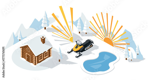 Snowy cabin scene with snowmobile and sunrise in winter wonderland