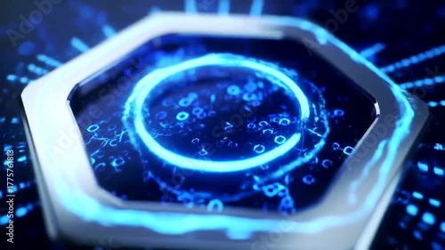 Futuristic digital interface with glowing hexagonal design and binary code