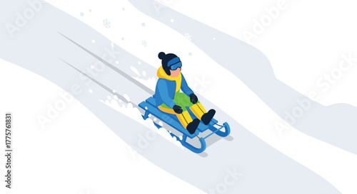 Winter fun person sledding downhill in isometric snowy landscape