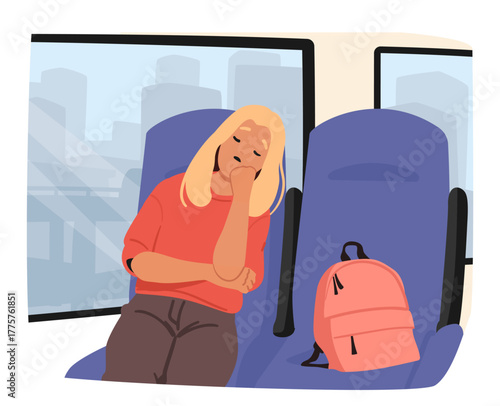 Tired girl student character sleeping in public transport enjoying daily commute isolated scene