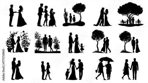 marriage, ceremony, love, romantic dance, vows, ring exchange, wedding kiss, celebration, elegant vector, minimal silhouette, black and white, relationship, romantic moment, happy couple, newlyweds, 