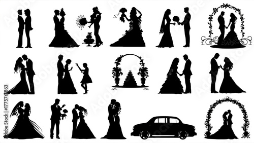 Romantic wedding ceremony and celebration silhouettes, bride and groom dancing, arch, car, and love scenes in elegant black vector on white background