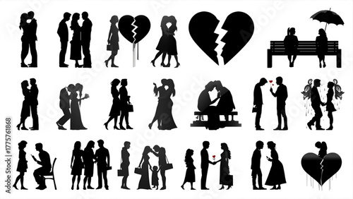 Broken heart and emotional relationship end silhouette set, showing couple separation, loneliness, crying, and sad love scenes in black vector style on white background