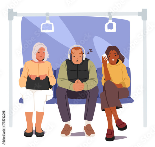 Young man dozed off snoring loudly while riding on public transport among other passengers